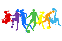 Illustration colorée de personnes qui jouent au football.