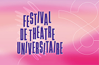 Visuel avec le texte "Festival de Théâtre Universitaire" en bleu, sur un fond dégradé rose et beige avec des motifs abstraits.