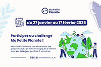 Visuel du challenge Ma Petite Planète, illustration avec le texte du challenge, des motifs végétaux et le dessin d'une planète avec des persones autour qui en prennent soin.