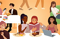 Illustration d'étudiantes et d'étudiants, en train de réviser leurs partiels, en partageant un goûter, dans une ambiance conviviale.