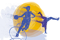 Illustration aux couleurs jaune et bleu de deux personnes pratiquant un sport (basket et break dance).